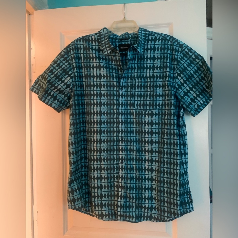 Prana Teal and Black Diamond Pattern Shirt